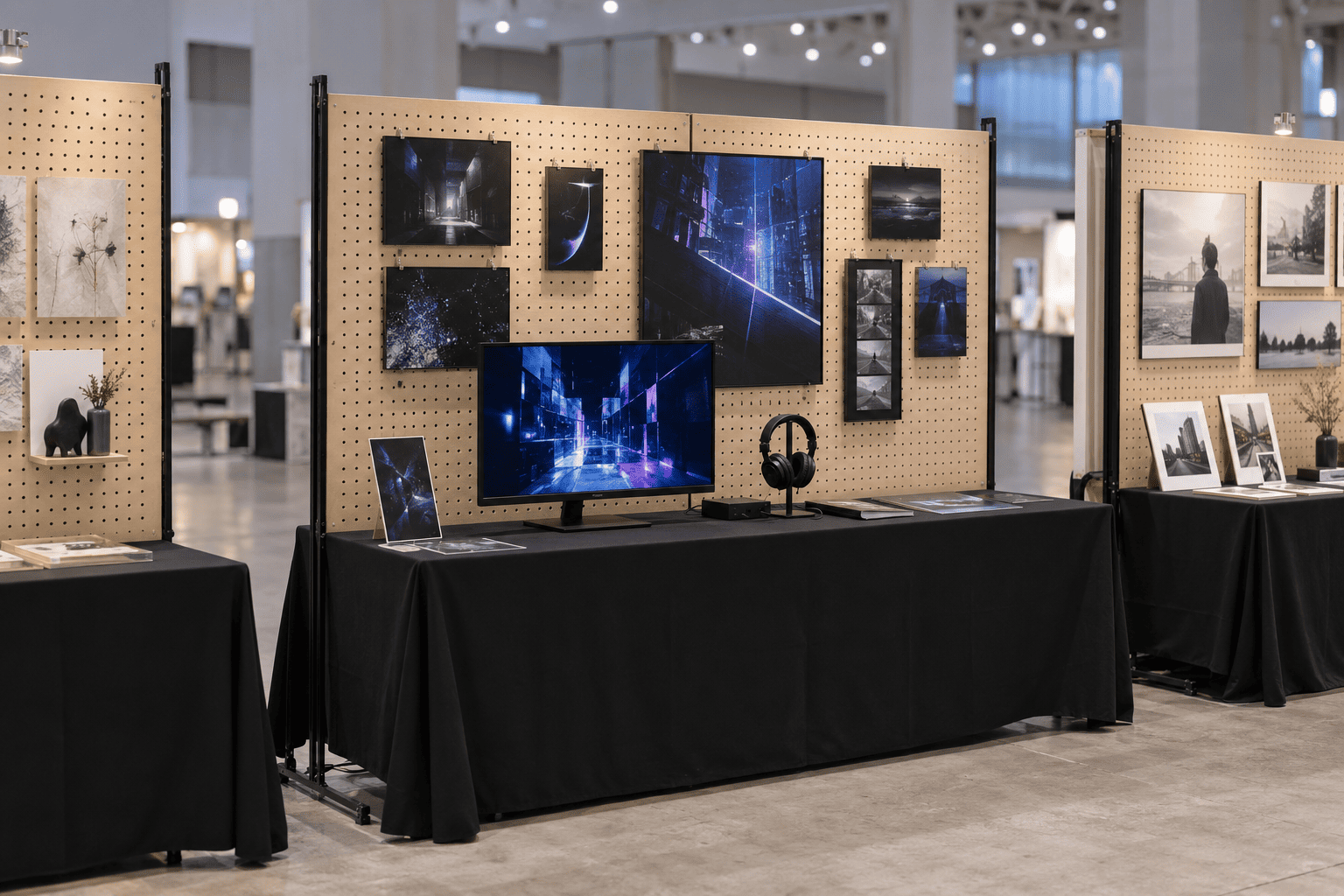 展示ボードと長机に作品を並べた無人展示ブースのイメージ